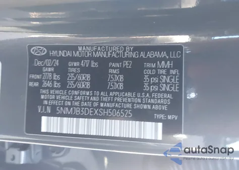 2025 Hyundai Tucson Sel z USA, uszkodzony, nr VIN 5NMJB3DEXSH506525